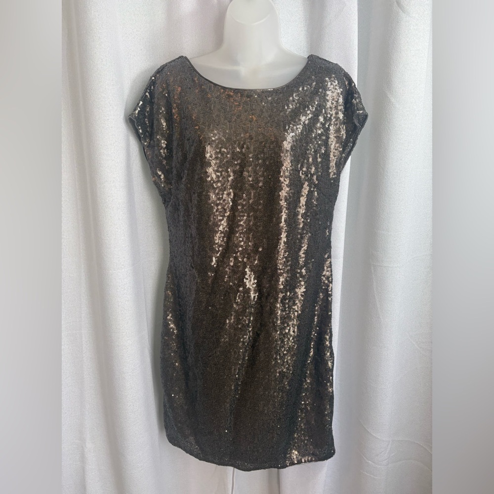 Vera Wang Sequin Sheath Dress Sz 14 Cowl Back Color Pewter Wedding Cocktail 0367 - Picture 3 of 12